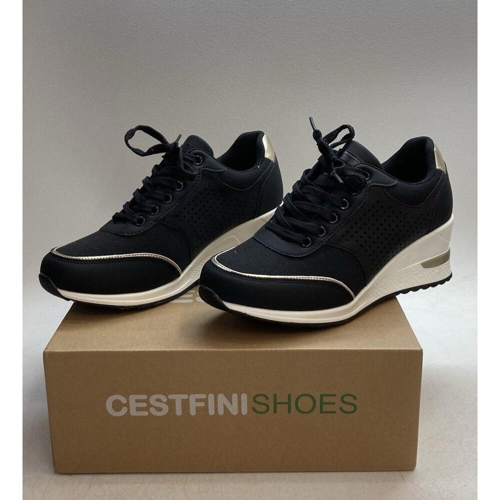 Cestfini Womens Hidden High Heel Fashion Wedge Sneakers Black Size 9.5 M